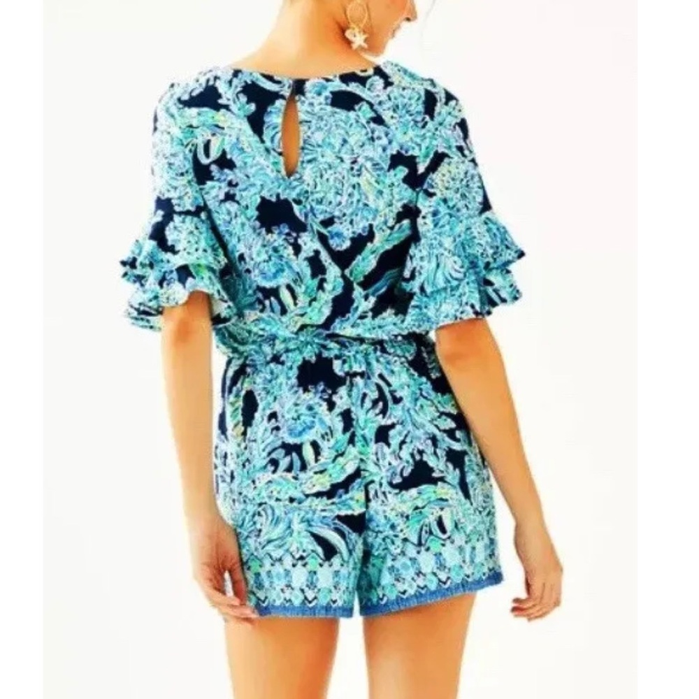 Lilly Pulitzer Lula Romper High Tide Navy Scuba Doo Ruffled Sleeves, Size Medium - Picture 9 of 15